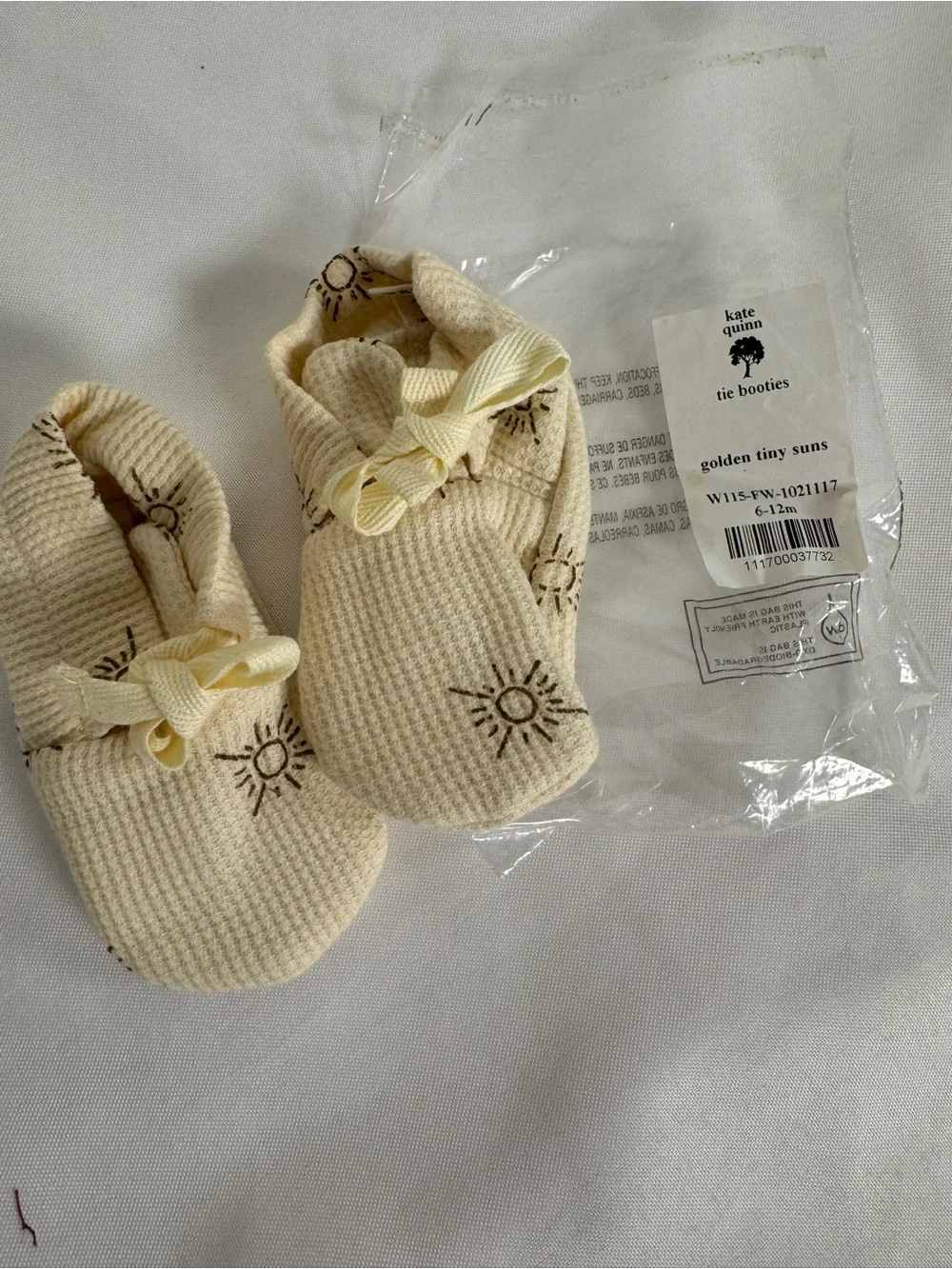 kate quinn Cream Waffle Knit Tie Booties with Golden Tiny Sun Embroidery 6-12 mo